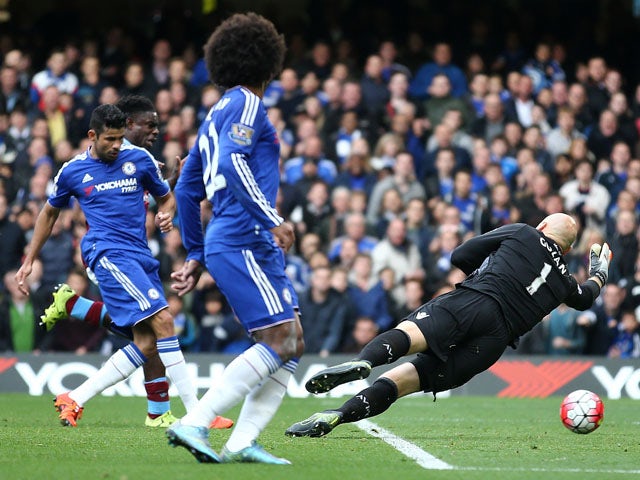 Aston Villa's US goalkeeper Brad Guzan (R) fails to stop a goal from Chelsea's Brazilian-born Spanish striker Diego Costa (L) during the English Premier League football match between Chelsea and Aston Villa at Stamford Bridge in London on October 17, 2015
