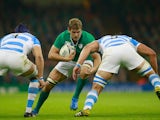 Chris Henry of Ireland attempts to break through the Argentina defence during the 2015 Rugby World Cup Quarter Final match between Ireland and Argentina at the Millennium Stadium on October 18, 2015