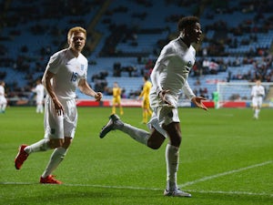 Chuba Akpom of England celebrates his goal with Duncan Watmore during the European Under 21 Qualifier match between England U21 and Kazakhstan U21 at Ricoh Arena on October 13, 2015