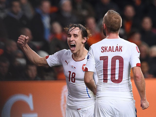 Czech Republic's Josef Sural celebrates after scoring a goal during the Euro 2016 qualifying football match between The Netherlands vs Czech Republic at the Amsterdam Arena in Amsterdam, October 13, 2015