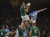Ireland's lock Devin Toner (L) catches the ball in a line out against Argentina's lock Tomas Lavanini (R) during a quarter final match of the 2015 Rugby World Cup between Ireland and Argentina at the Millennium Stadium in Cardiff, south Wales, on October 