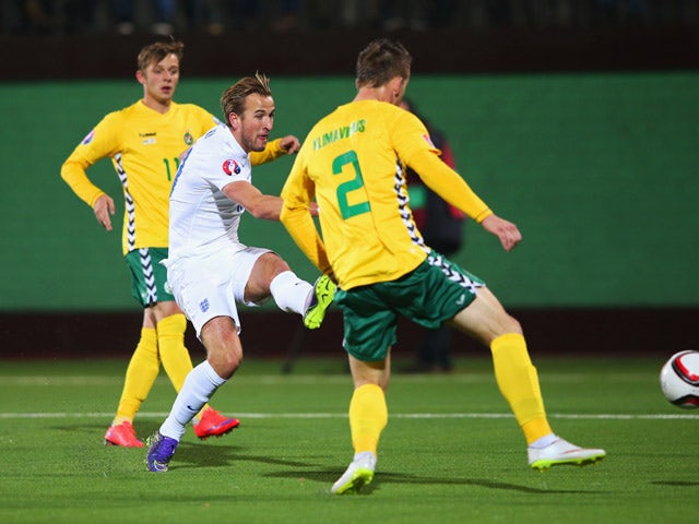 Harry Kane of England scores during the UEFA EURO 2016 qualifying Group E match between Lithuania and England at LFF Stadionas on October 12, 2015