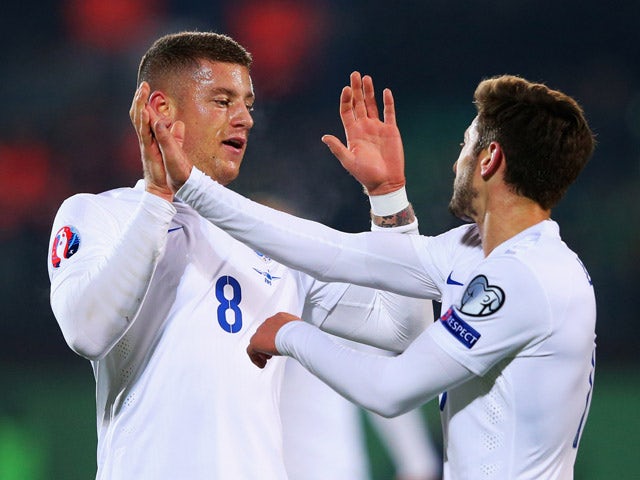 Ross Barkley of England (8) celebrates with Adam Lallana as he scores their first goal during the UEFA EURO 2016 qualifying Group E match between Lithuania and England at LFF Stadionas on October 12, 2015
