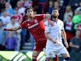 Middlesbrough's Fernando Amorebieta and Leeds United's Mirco Antenucci challenge during the Sky Bet Championship match between Middlesbrough and Leeds United at the Riverside on September 27, 2015 in Middlesbrough, England. 