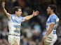 Argentina's wing Juan Imhoff (L) celebrates after scoring his team's fourth try during a quarter final match of the 2015 Rugby World Cup between Ireland and Argentina at the Millennium Stadium in Cardiff, south Wales, on October 18, 2015.
