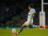 Nicolas Sanchez of Argentina kicks a penalty during the 2015 Rugby World Cup Quarter Final match between Ireland and Argentina at the Millennium Stadium on October 18, 2015 in Cardiff, United Kingdom.