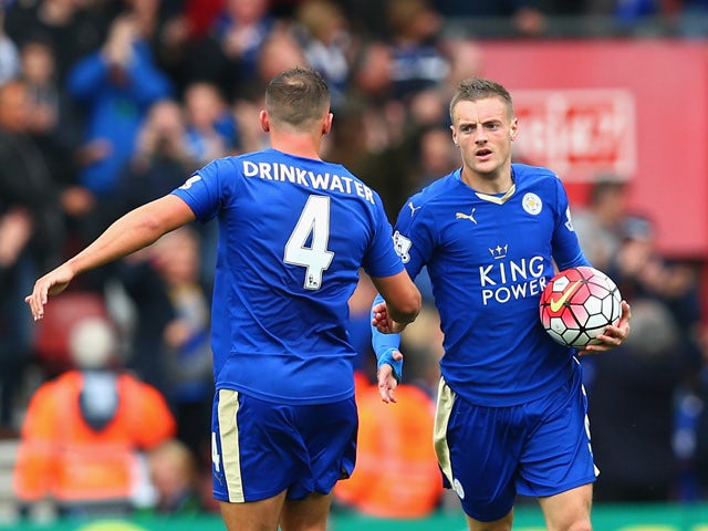 Jamie Vardy (R) oal with his team mate Danny Drinkwater (L) during the Barclays Premier League match between Southampton and Leicester City at St Mary's Stadium on October 17, 2015