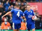 Jamie Vardy (R) oal with his team mate Danny Drinkwater (L) during the Barclays Premier League match between Southampton and Leicester City at St Mary's Stadium on October 17, 2015