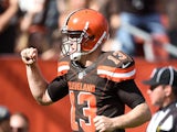 Josh McCown #13 of the Cleveland Browns celebrates after a touchdown by Gary Barnidge #82 (not pictured) during the third quarter against the Oakland Raiders at FirstEnergy Stadium on September 27, 2015