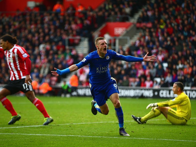 Jamie Vardy of Leicester City celebrates scoring his team's second goal during the Barclays Premier League match between Southampton and Leicester City at St Mary's Stadium on October 17, 2015
