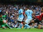 Raheem Sterling of Manchester City scores his team's first goal during the Barclays Premier League match between Manchester City and A.F.C. Bournemouth at Etihad Stadium on October 17, 2015