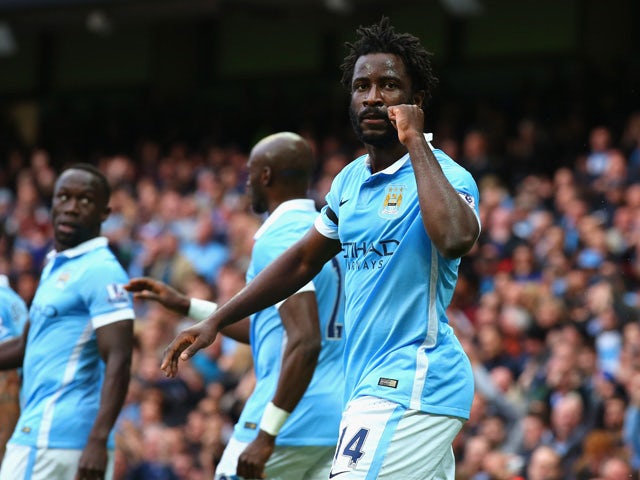 Wilfred Bony of Manchester City celebrates scoring his team's second goal during the Barclays Premier League match between Manchester City and A.F.C. Bournemouth at Etihad Stadium on October 17, 2015