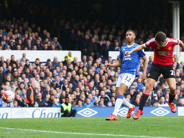 Ander Herrera of Manchester United scores his team's second goal during the Barclays Premier League match between Everton and Manchester United at Goodison Park on October 17, 2015