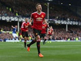 Morgan Schneiderlin of Manchester United celebrates scoring his team's first goal during the Barclays Premier League match between Everton and Manchester United at Goodison Park on October 17, 2015
