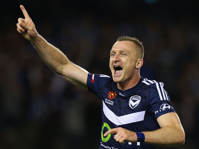Besart Berisha of the Victory celebrates a goal during the round two A-League match between Melbourne Victory and Melbourne City FC at Etihad Stadium on October 17, 2015