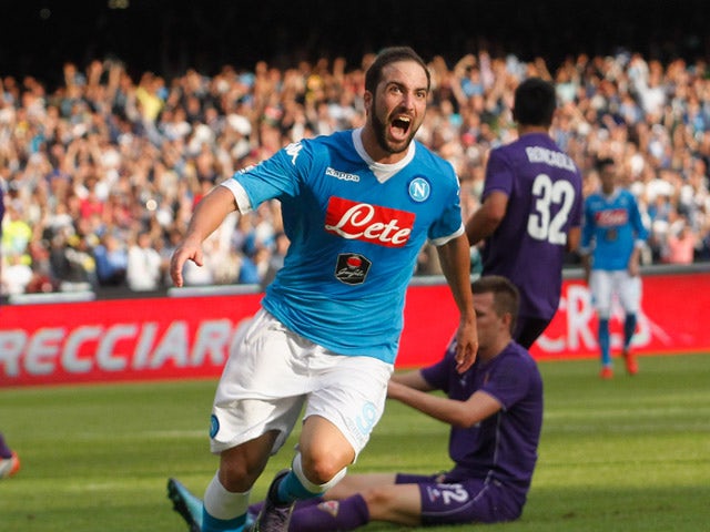 Gonzalo Higuain of Napoli celebrates after scoring his team's second goal during the Serie A match between SSC Napoli and ACF Fiorentina at Stadio San Paolo on October 18, 2015