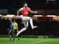 Olivier Giroud of Arsenal celebrates as he scores their second goal during the Barclays Premier League match between Watford and Arsenal at Vicarage Road on October 17, 2015 in Watford, England.