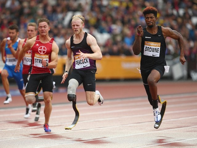 Jonnie Peacock and Richard Browne Jnr compete in the T44 men's 100m at the Anniversary Games on July 26, 2015