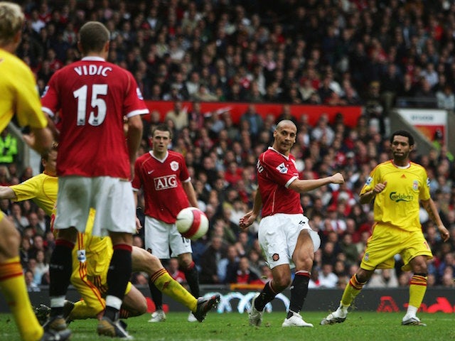 Rio Ferdinand of Manchester United scores his team's second goal during the Barclays Premiership match between Manchester United and Liverpool at Old Trafford on October 22, 2006 in Manchester, England. 