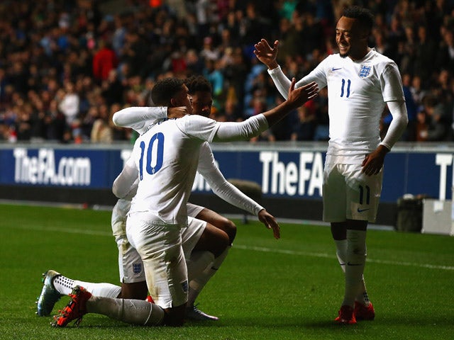 Ruben Loftus-Cheek of England is congratulated on his goal during the European Under 21 Qualifier match between England U21 and Kazakhstan U21 at Ricoh Arena on October 13, 2015