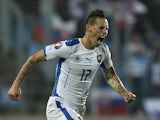Slovakia's midfielder Marek Hamsik celebrates after scoring during the Euro 2016 qualifying football match between Luxembourg and Slovakia at the Josy Barthel Stadium, on October 12, 2015