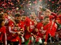Wales player Gareth Bale and team mates celebrate after the UEFA EURO 2016 Group B Qualifier between Wales and Andorra at Cardiff City stadium on October 13, 2015