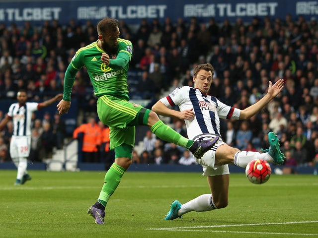 Steven Fletcher of Sunderland and Jonny Evans of West Bromwich Albion compete for the ball during the Barclays Premier League match between West Bromwich Albion and Sunderland at The Hawthorns on October 17, 2015