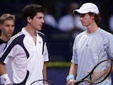 Andy Murray and Tim Henman are seen on court during their match as part of the Davidoff Swiss Indoors at the St. Jakobhalle on October 26, 2005