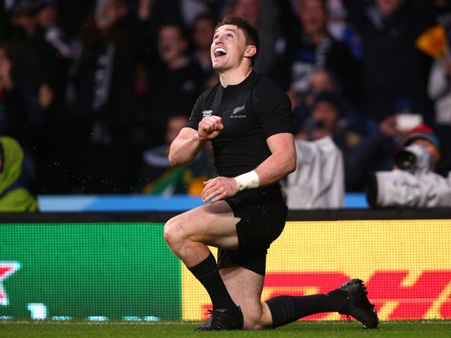 Beauden Barrett of the New Zealand All Blacks celebrates aftrer he scores the second New Zealand try during the 2015 Rugby World Cup Semi Final match between South Africa and New Zealand at Twickenham Stadium on October 24, 2015