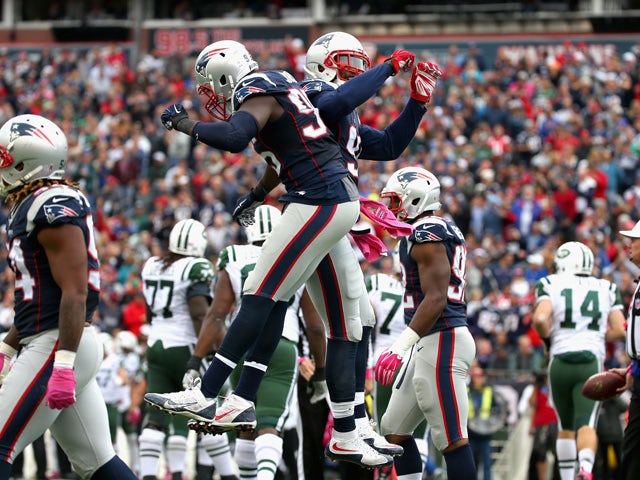 Chandler Jones #95 of the New England Patriots reacts during the second quarter against the New York Jets at Gillette Stadium on October 25, 2015