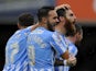 Romain Vincelot of Coventry City (R) celebrates his sides first goal during the Sky Bet League One match between Swindon Town and Coventry City at The County Ground on October 24, 2015