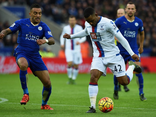 Jason Puncheon of Crystal Palace and Danny Simpson of Leicester City compete for the ball during the Barclays Premier League match between Leicester City and Crystal Palace at The King Power Stadium on October 24, 2015