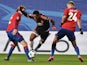 CSKA Moscow's Brazilian defender Mario Fernandes (L) and CSKA Moscow's Russian defender Vasily Berezutskiy (R) vie for the ball with Manchester United's French forward Anthony Martial during the UEFA Champions League group B football match between PFC CSK