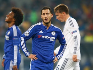 Eden Hazard of Chelsea looks on during the UEFA Champions League Group G match between FC Dynamo Kyiv and Chelsea at the Olympic Stadium on October 20, 2015 in Kiev, Ukraine.