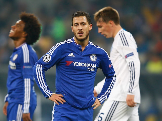 Eden Hazard of Chelsea looks on during the UEFA Champions League Group G match between FC Dynamo Kyiv and Chelsea at the Olympic Stadium on October 20, 2015 in Kiev, Ukraine.