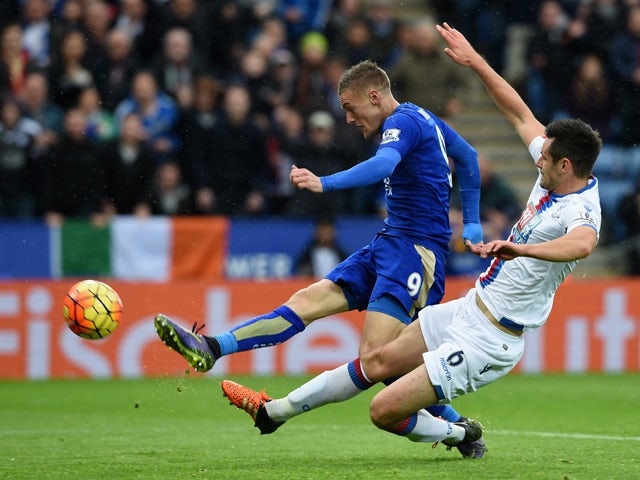 Jamie Vardy of Leicester City scores his team's opening goal during the Barclays Premier League match between Leicester City and Crystal Palace at The King Power Stadium on October 24, 2015