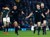 Ma'a Nonu of the New Zealand All Blacks and Dan Carter of the New Zealand All Blacks touch hands during the 2015 Rugby World Cup Semi Final match between South Africa and New Zealand at Twickenham Stadium on October 24, 2015 in London, United Kingdom.