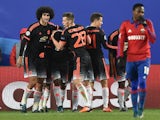 Manchester United's players celebrate after Manchester United's French forward Anthony Martial scored a goal during the UEFA Champions League group B football match between PFC CSKA Moscow and FC Manchester United at the Arena Khimki stadium outside Mosco