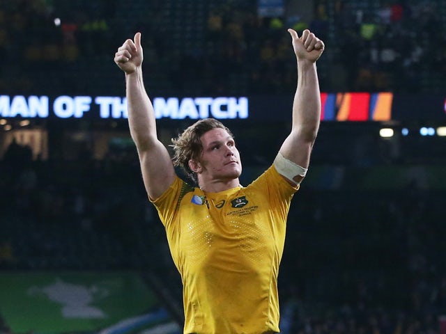 Michael Hooper of Australia celebrates after winning the 2015 Rugby World Cup Semi Final match between Argentina and Australia at Twickenham Stadium on October 25, 2015
