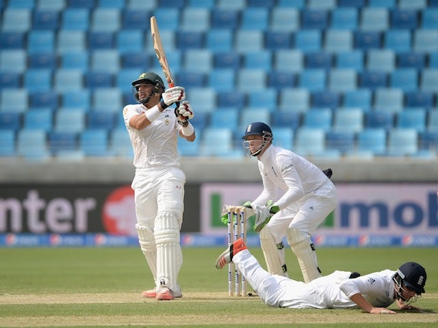 Pakistan's Misbah-ul-Haq plays a shot during day one of the second Test against England in Dubai on October 22, 2015