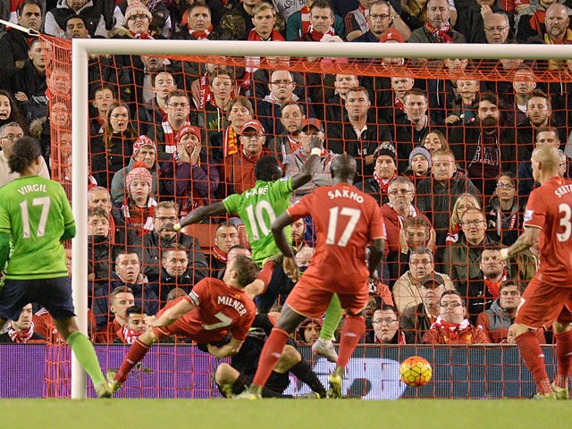 Southampton's Senegalese midfielder Sadio Mane (4th L) scores their first goal during the English Premier League football match between Liverpool and Southampton at Anfield stadium in Liverpool, north west England on October 25, 2015