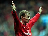 Teddy Sheringham of Manchester United celebrates scoring the second goal during the FA Carling Premiership game between Manchester United and Southampton at Old Trafford, Manchester.