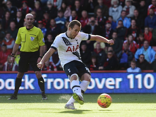 Harry Kane of Tottenham Hotspur scores his team's first goal from the penalty spot during the Barclays Premier League match between A.F.C. Bournemouth and Tottenham Hotspur at Vitality Stadium on October 25, 2015 in Bournemouth, England.