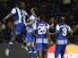 Porto's Cameroonian forward Vincent Aboubakar (L) celebrates with teammates after scoring a goal during the UEFA Champions League group G football match FC Porto vs Maccabi Tel-Aviv FC at the Dragao stadium in Porto on October 20, 2015. 