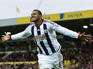 Salomon Rondon of West Bromwich Albion celebrates scoring his team's first goal during the Barclays Premier League match between Norwich City and West Bromwich Albion at Carrow Road on October 24, 2015 