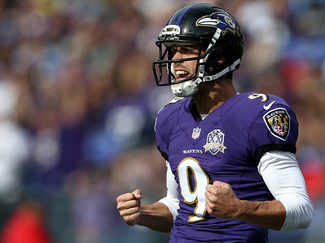 Kicker Justin Tucker #9 of the Baltimore Ravens celebrates after a first quarter touchdown during a game against the San Diego Chargers at M&T Bank Stadium on November 1, 2015