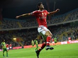 Benfica's forward Goncalo Guedes celebrates after scoring a goal during the Portuguese league football match CD Tondela vs SL Benfica at the Aveiro Municipal stadium in Aveiro on October 30, 2015