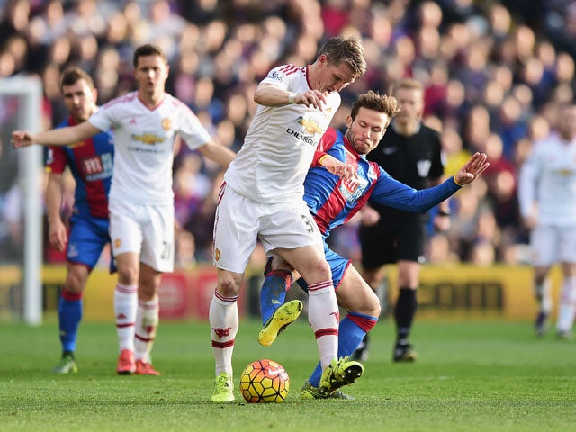 Bastian Schweinsteiger of Manchester United and Yohan Cabaye of Crystal Palace compete for the ball during the Barclays Premier League match between Crystal Palace and Manchester United at Selhurst Park on October 31, 2015