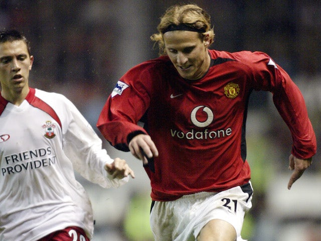 Diego Forlan (right) of Manchester United is closed down by Fabrice Fernandes of Southampton during the FA Barclaycard Premiership match between Manchester United and Southampton on November 2, 2002 played at Old Trafford in Manchester, England. Mancheste