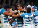 Eben Etzebeth of South Africa clashes with Tomas Lavanini and Nicolas Sanchez of Argentina during the 2015 Rugby World Cup Bronze Final match between South Africa and Argentina at the Olympic Stadium on October 30, 2015